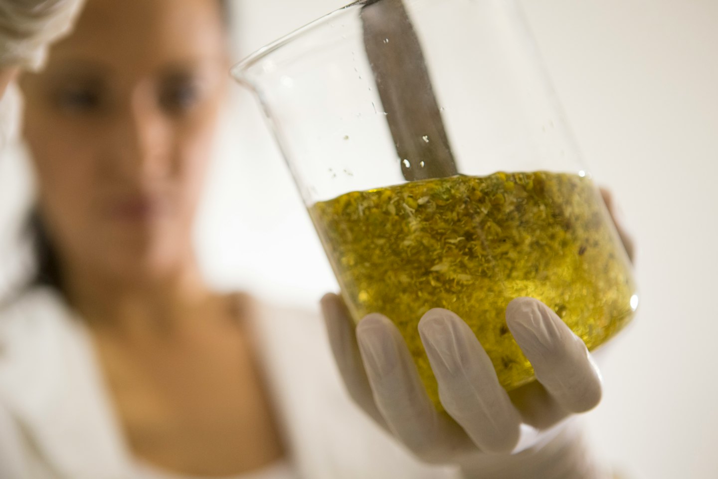 Wissenschaftler im Laborkittel untersucht Becherglas mit gelber Flüssigkeit.